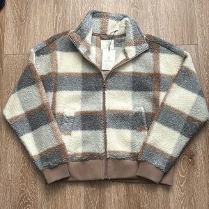 New! Aspen plaid teddy/sherpa fleece bomber jacket, cream/gray/tan, size small